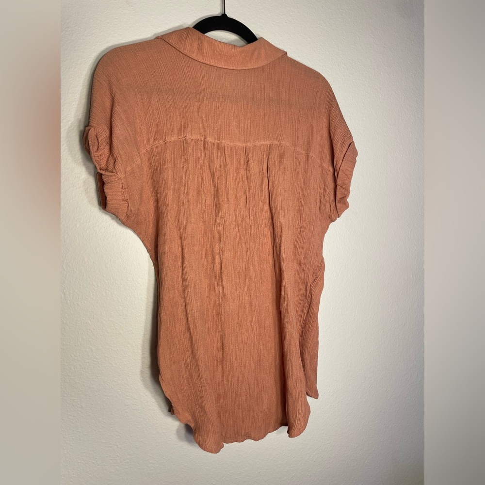 Women's Peach Color Airy Button Down Polo Cuff Sleeve Top - Picture 7 of 7